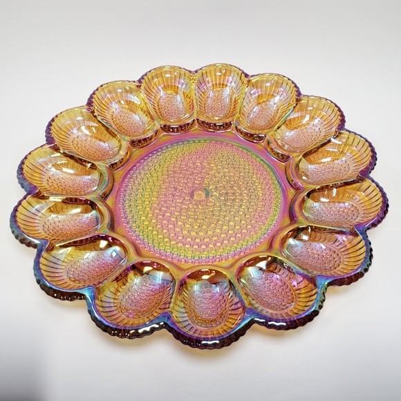 Indiana Glass Other - Vintage Indiana Carnival Glass Deviled Egg Dish Plate Iridescent Amber Hobnail